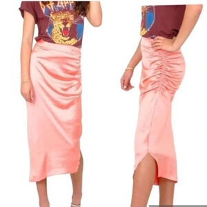 Smythe Rose Pink Asymmetric Satin Ruched Midi Skirt Size 12 NWT